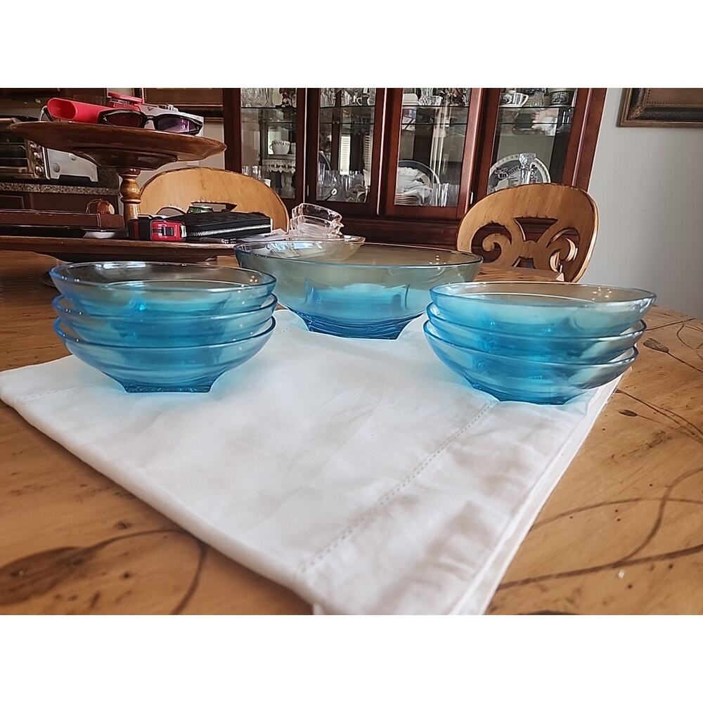 MCM Glassware Hazel Atlas Capri Colonial Azure Blue Glass Salad Serving Set - Picture 7 of 9